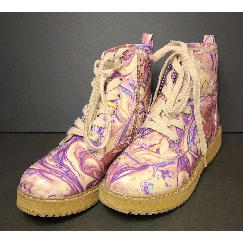 Steve Madden Joliviaa Combat Boots Youth 4 Purple Marble Lace Up Side Zip